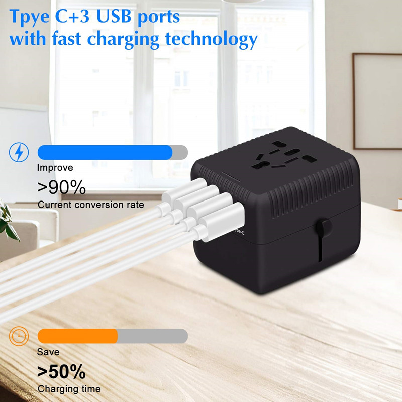 Cuibheoir Taistil Uilíoch PD Cuibheoir Breiseán AC Idirnáisiúnta Charger Balla Idirnáisiúnta le Cumhacht Cliste 5A agus 3.0A USB Cineál-C do USA EU UK AUS